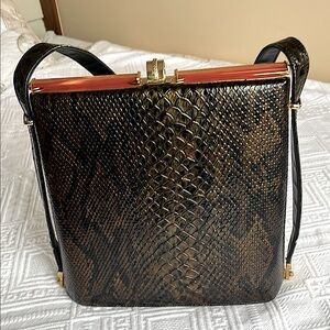 Gorgeous Vintage Leather Shoulder Bag Brown Faux Snakeskin Bakelite Trim 50/60’s